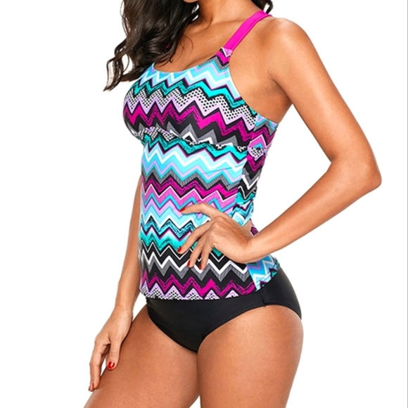 Dokotoo Tankini Swim Top Striped Racerback Geometric Pattern Pink Black Sz Small - Picture 2 of 10